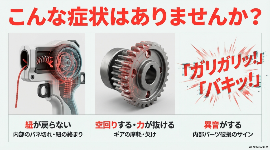 紐が戻らない、ガリガリ音がする、空回りするといった主な故障の症状と、ランチャー内部のバネやギアの構造を示した図です。