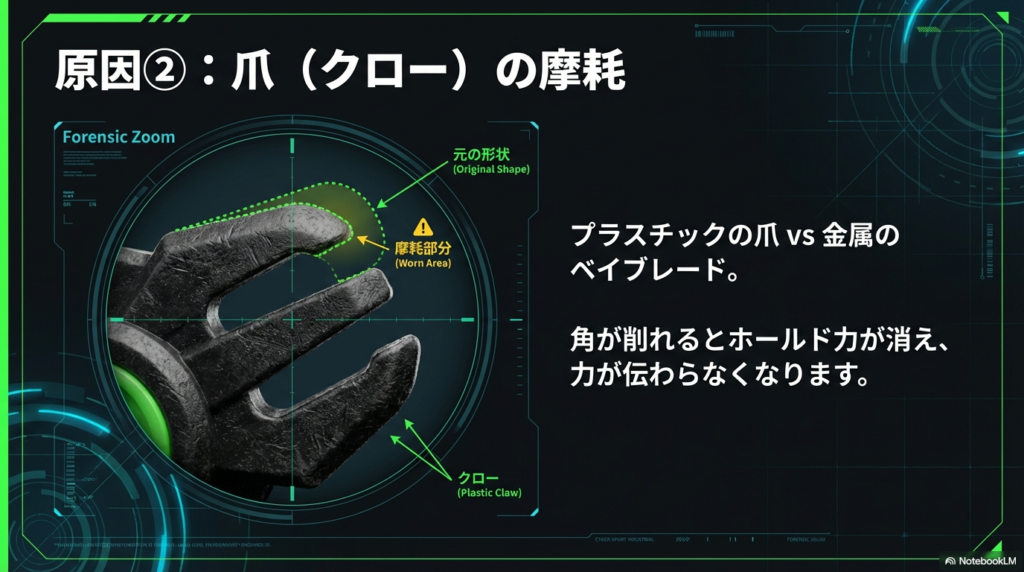 プラスチック製の爪が金属パーツとの接触で削れ、元の形状から角が落ちてホールド力が消えてしまっている状態の拡大図。
