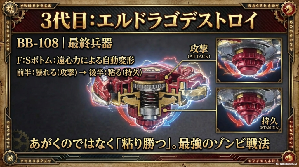 遠心力によって攻撃モードから持久モードへ自動変形し、最後まで粘り勝つエルドラゴデストロイの最終兵器としての性能です。
