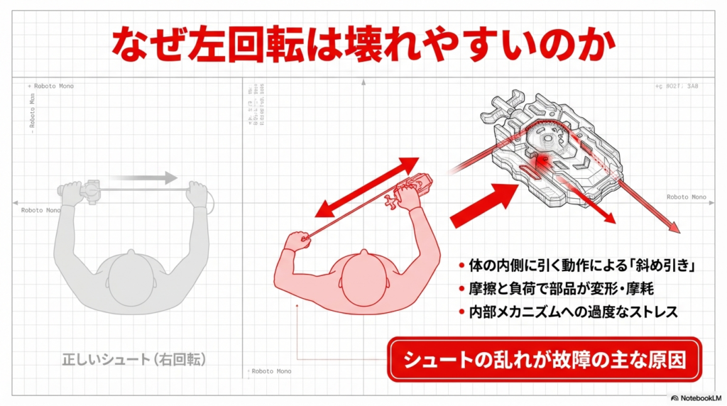 左回転シュート時に無意識に行いがちな斜め引きが、内部パーツに摩擦と過度なストレスを与えて故障の原因になることを説明しています。
