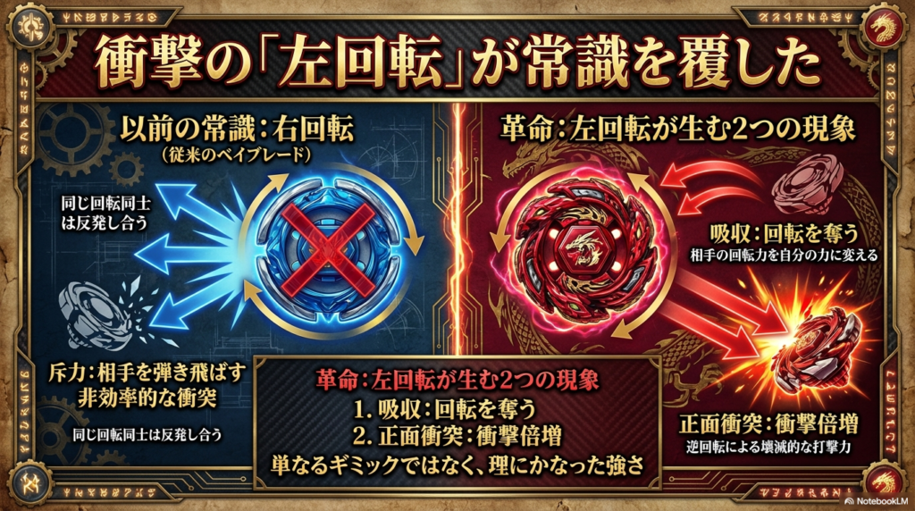 右回転同士の弾き合いとは異なり、左回転が相手の回転力を吸収して自分の力に変えるメカニズムを図解した資料です。