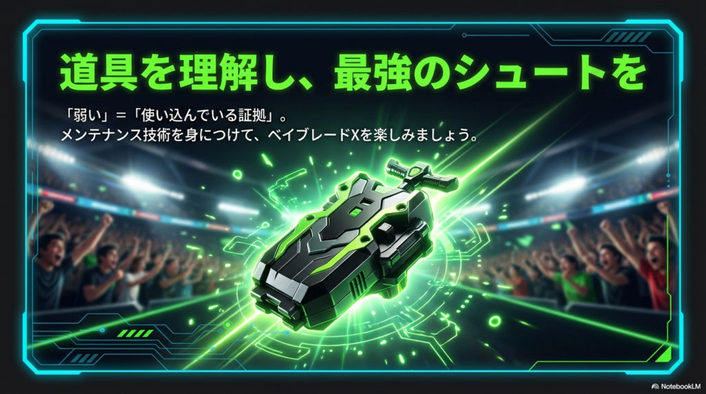 弱さは使い込んでいる証拠であり、メンテナンス技術を身につけることでベイブレードXをより深く楽しめるというメッセージ。