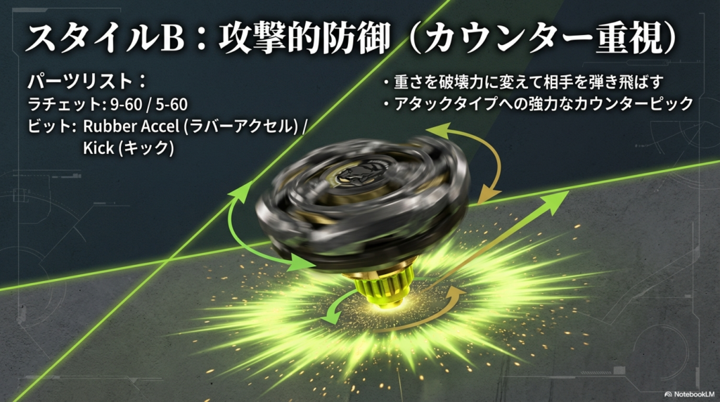 9-60などのラチェットにRubber AccelやKickビットを合わせ、自身の重さを活かして相手を弾き飛ばすカウンター向けのパーツリスト