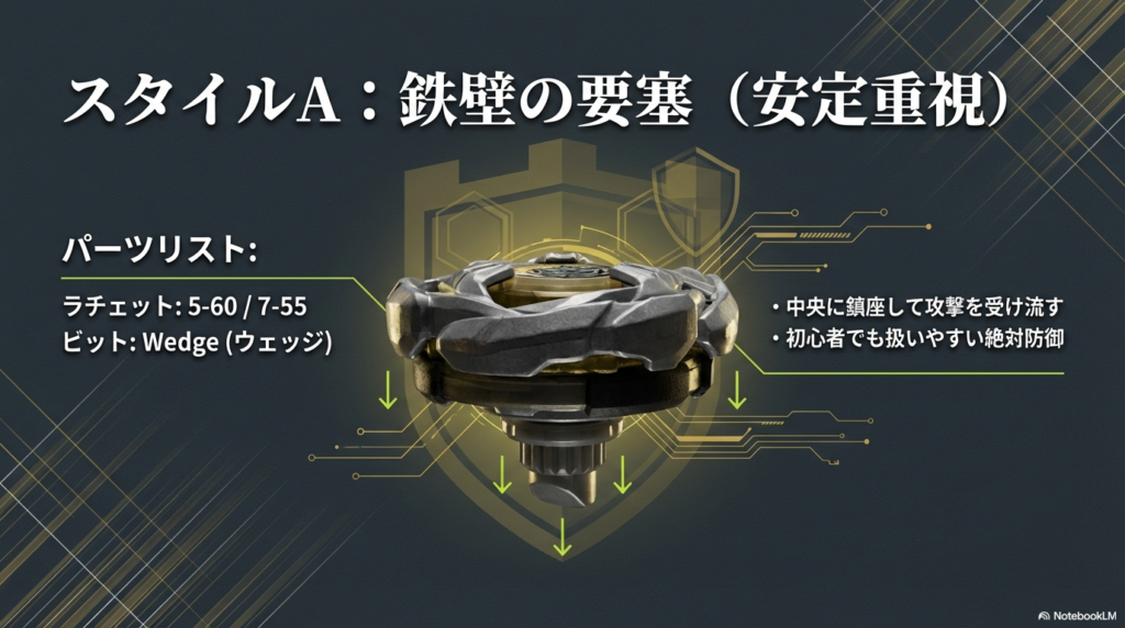 5-60や7-55のラチェットとWedgeビットを組み合わせ、スタジアムの中央で相手の攻撃を受け流す初心者にも扱いやすい防御カスタム