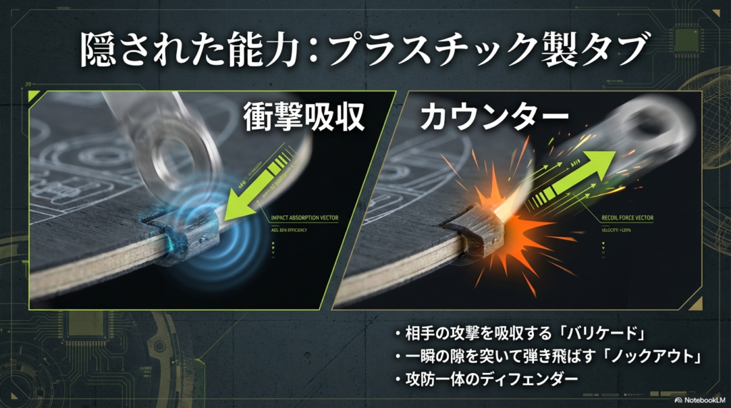 側面のプラスチック製タブが相手の攻撃を受け止める壁となり、同時に相手を弾き飛ばすカウンター攻撃を生み出す仕組みの解説