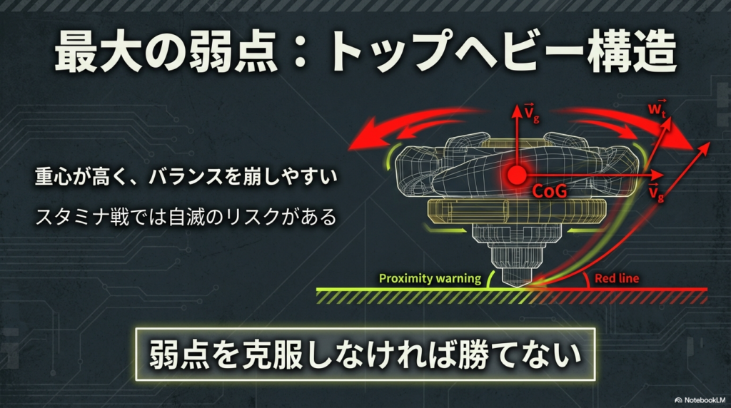 マミーカースは重心が高いためバランスを崩しやすく、スタミナ勝負では自ら倒れてしまうリスクがあることを示した図解