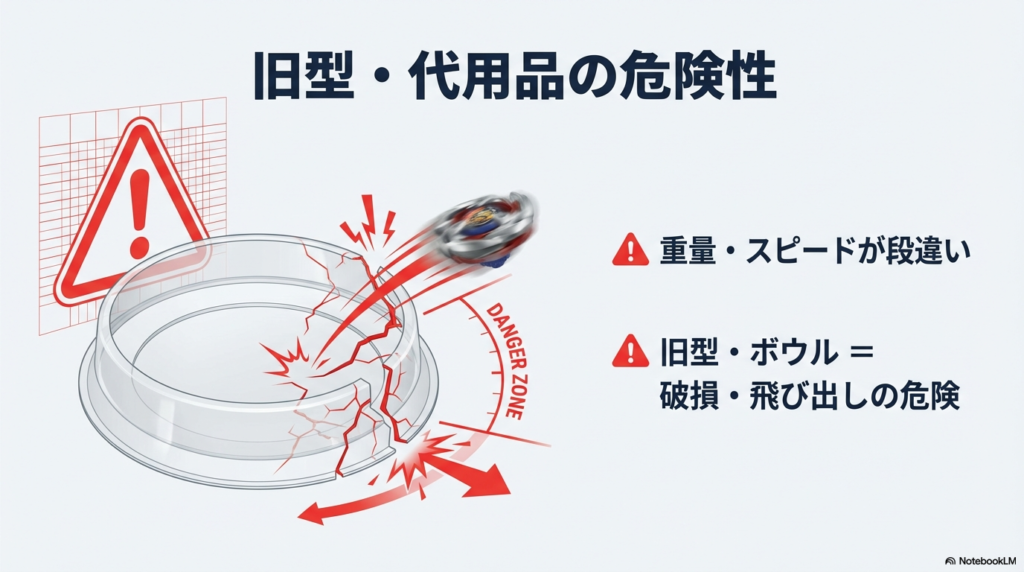 旧型スタジアム使用時の破損リスク 重量の重いXシリーズのベイを旧型スタジアムで使用した際に発生する破損や飛び出しの危険性を警告するイラストです。