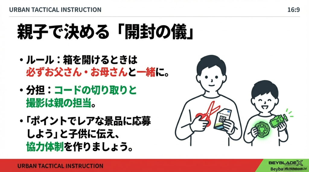 親子で行う開封とコード管理のルール 子供が遊ぶ前に、お父さんやお母さんがハサミでコードを切り取って撮影するという、親子で協力するルールを提案しています。