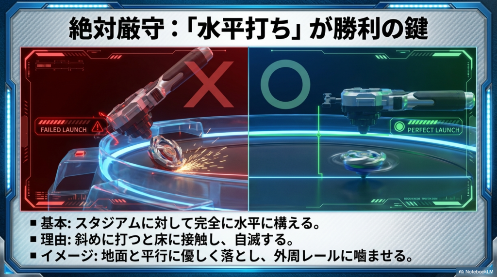 コマを打つ際は斜めではなく、地面に対して完全に水平に構えて打つことが勝利の鍵であることを良い例と悪い例で比較しています。