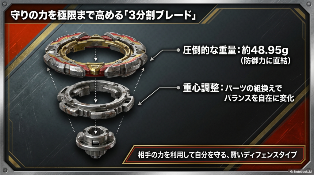 フェニックスフレアの守りの力を高める、3つに分かれる刃の仕組みと圧倒的な重さについて解説したスライドです。