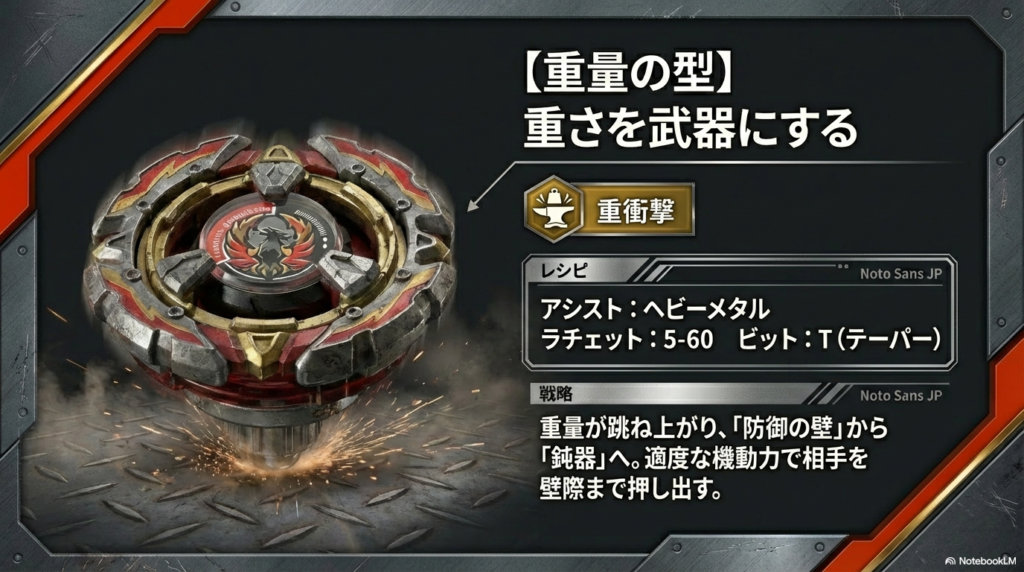 重さを武器にして相手を壁まで押し出す、ヘビーメタルと5-60などを組み合わせた重たい改造を紹介したスライドです。