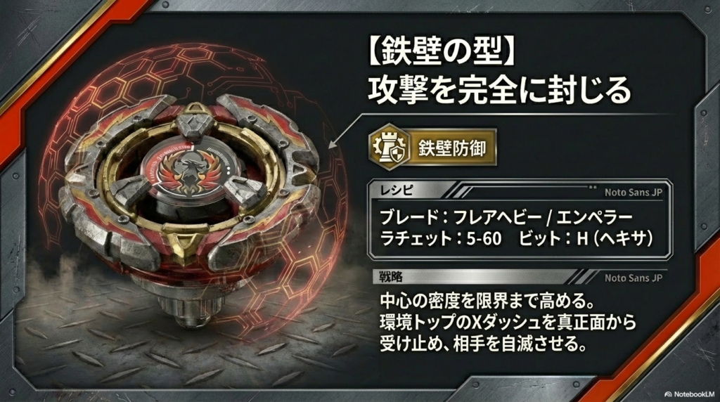 相手の猛烈な突進攻撃を完全に受け止めて封じ込める、重さと防御に特化した鉄壁の組み合わせを紹介したスライドです。