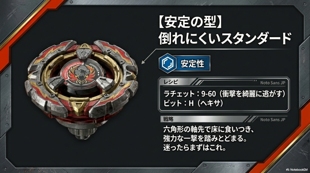 倒れにくく安定した戦いができる、9-60という部品と六角形の軸先を使ったスタンダードな組み合わせを紹介したスライドです。