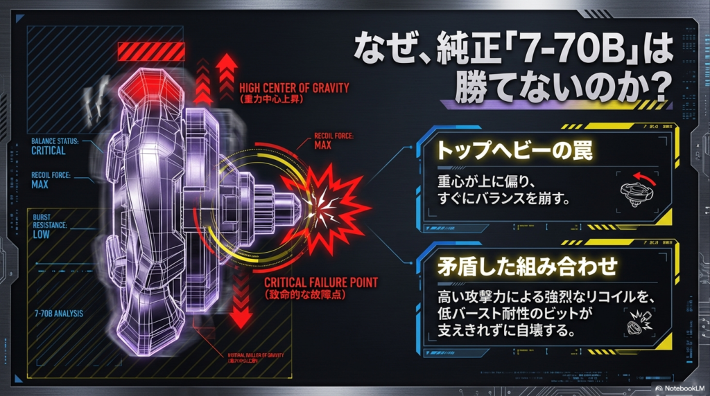 最初からついている部品の組み合わせでは、重心が高くてすぐにバランスを崩してしまう点と、ぶつかった時の反動に耐えきれずに自爆してしまう点を説明しています。