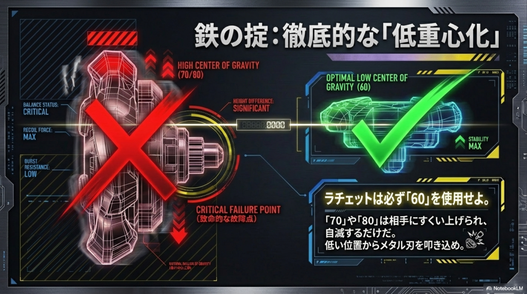 強くするためには、背の低い60というサイズの部品を使って重心を低くし、低い位置から相手を叩くことが重要だと解説しています