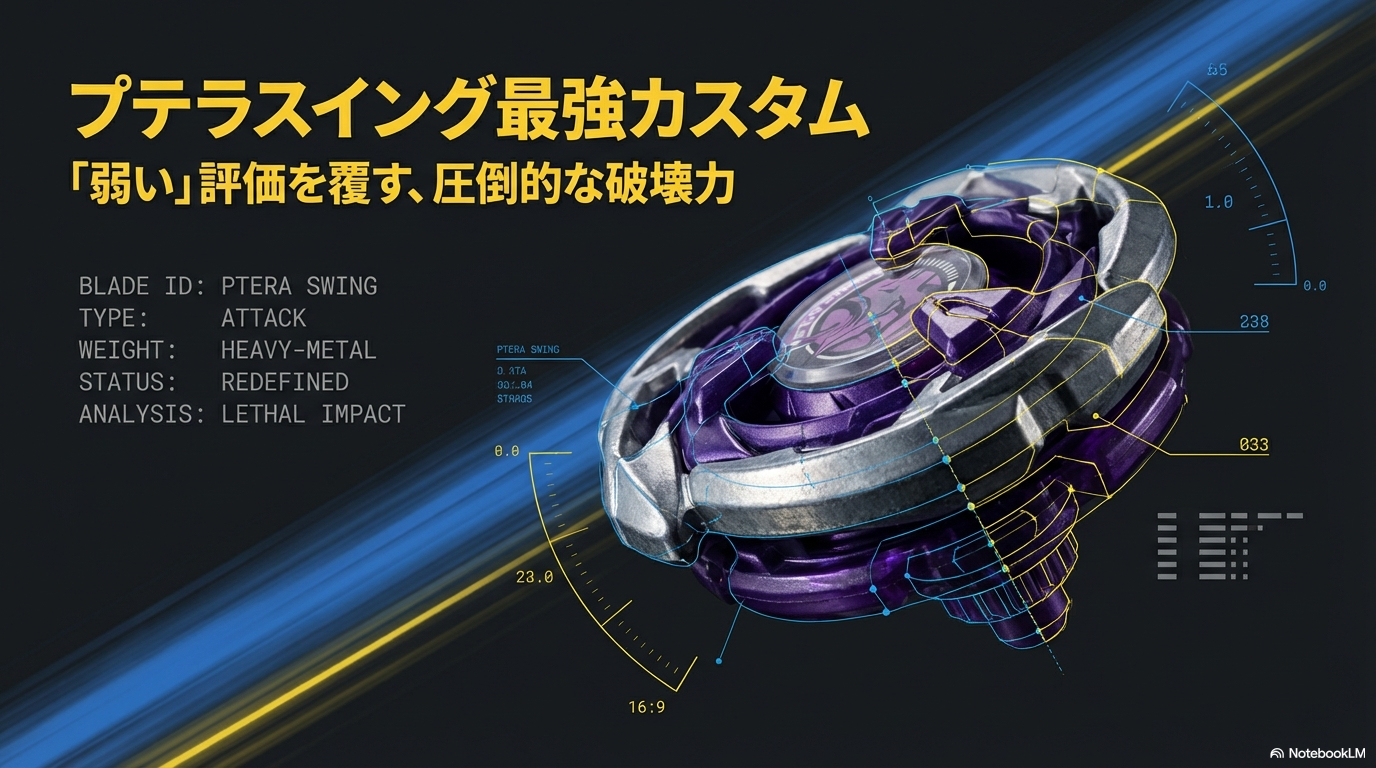 ベイブレードのプテラスイングを最強にするための改造方法と、その圧倒的な破壊力について解説するスライドの表紙です。