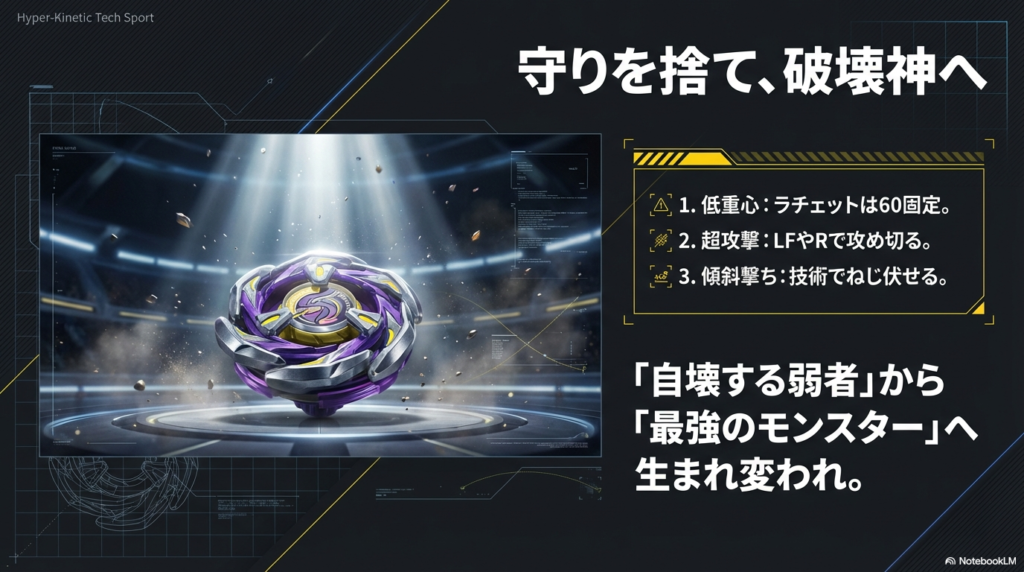 最強のコマにするための3つのポイントとして、低い重心にすること、超攻撃的な部品を選ぶこと、そして斜めに撃つ技術をまとめています