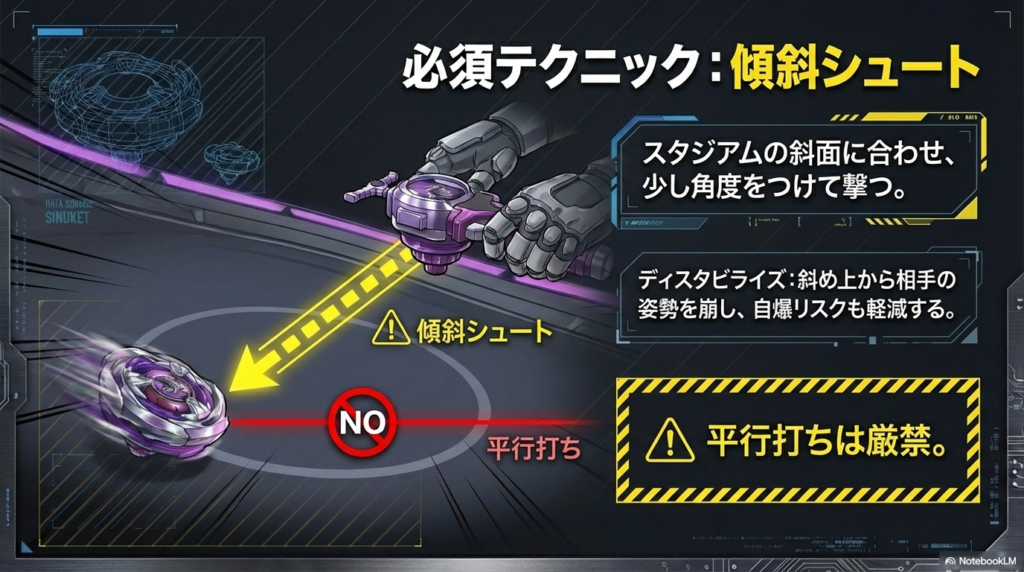勝つために必要なテクニックとして、スタジアムの斜面に合わせてコマを少し斜めに撃ち出す「傾斜シュート」のやり方を説明しています
