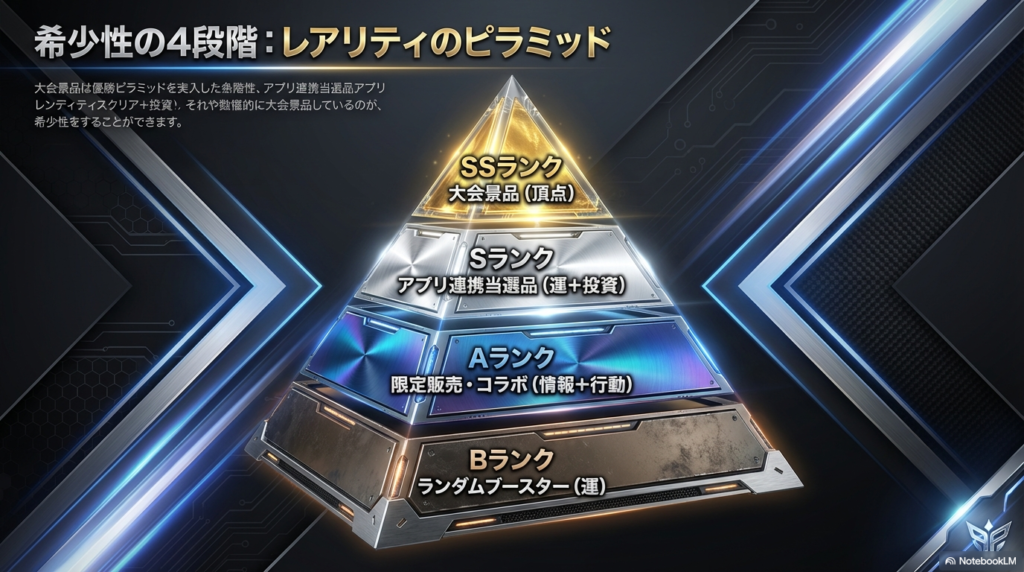 希少性の4段階ピラミッド 大会景品を頂点としアプリ当選品や限定販売など希少性を4段階に分類したレアリティのピラミッド図