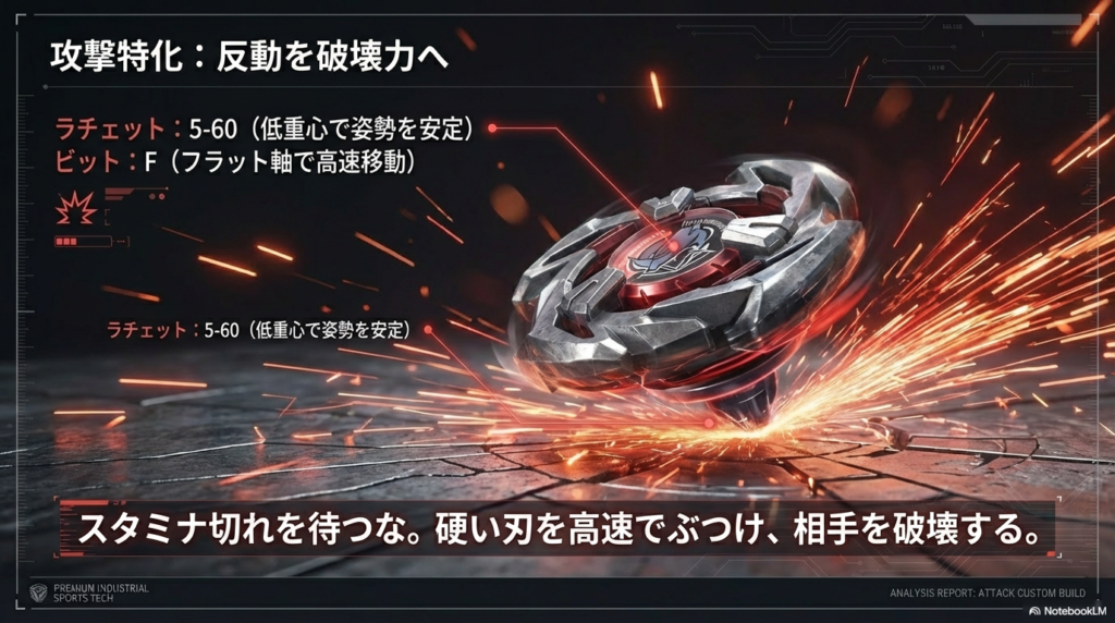 弾かれる反動を相手への破壊力に変えるために、低重心で高速移動が可能なパーツを組み合わせたアタック型のカスタム例を紹介しています。