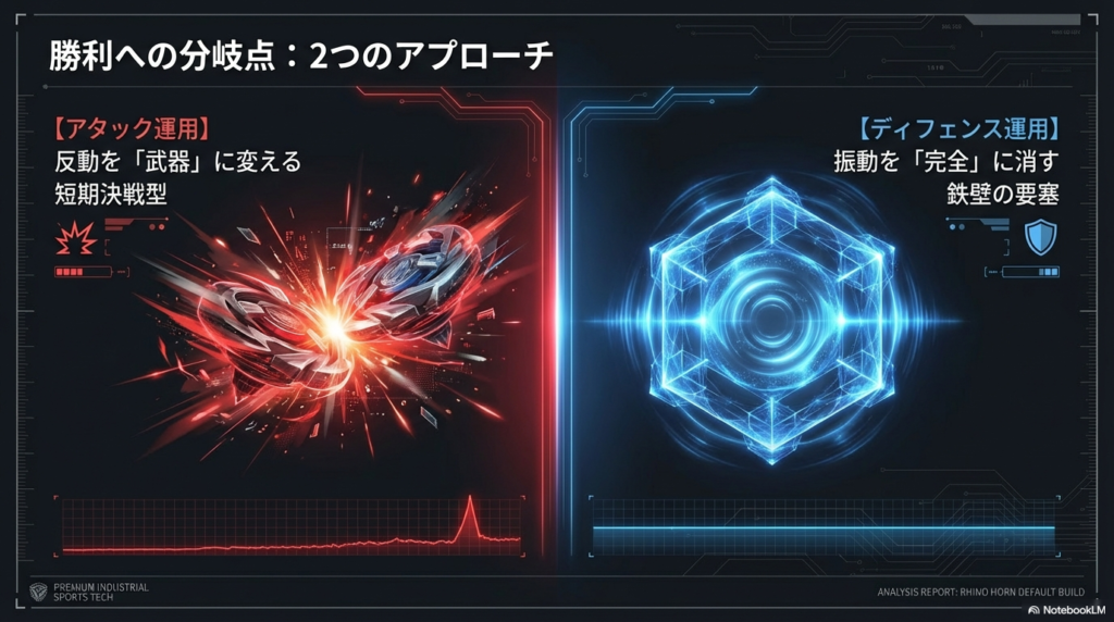 ライノホーンの弱点を克服するための、攻撃に特化させる方向と防御に特化させる方向という2つの異なる改造アプローチを示した比較画像です。