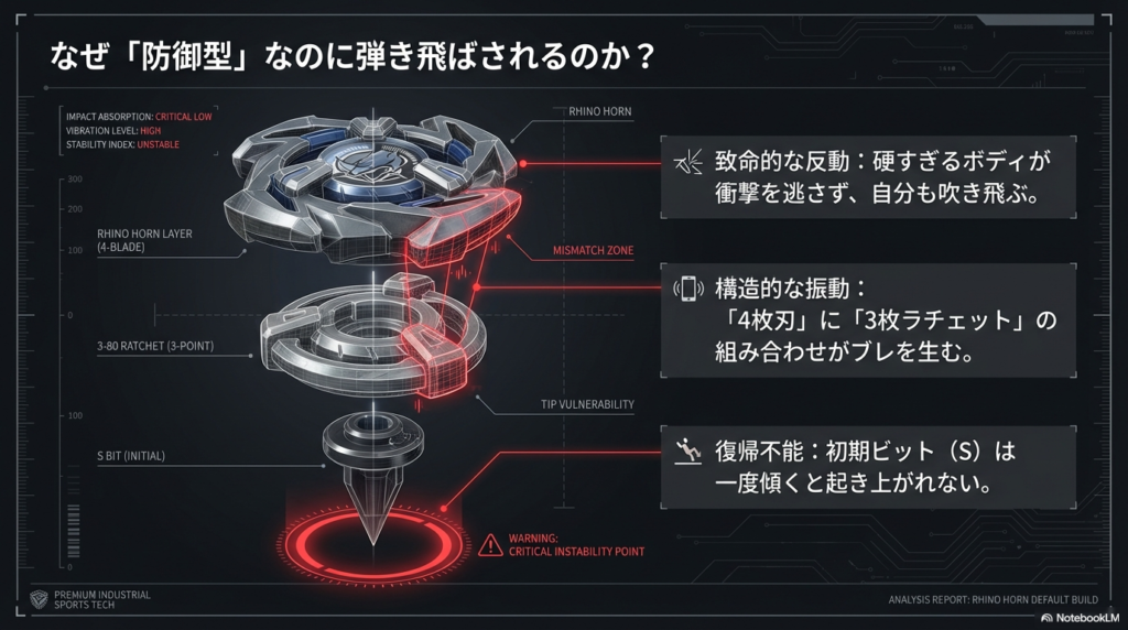 ライノホーンの初期セットが抱えている、パーツの組み合わせによる振動や倒れやすさといった構造上の弱点を解説した図解です。