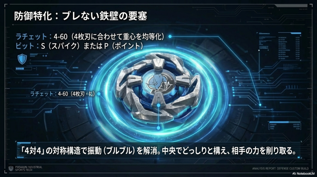 コマの振動を抑えてスタジアムの中央で相手の攻撃を耐え抜くための、重さのバランスをきれいに整えたディフェンス型のカスタム例です。