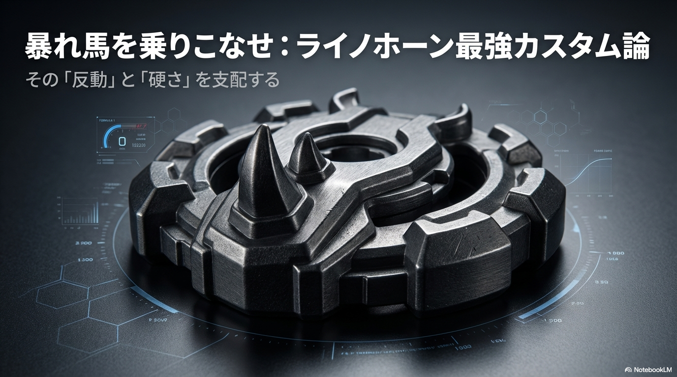 ベイブレードXのライノホーンを使いこなすための最強カスタムについて解説したスライドの表紙画像です。