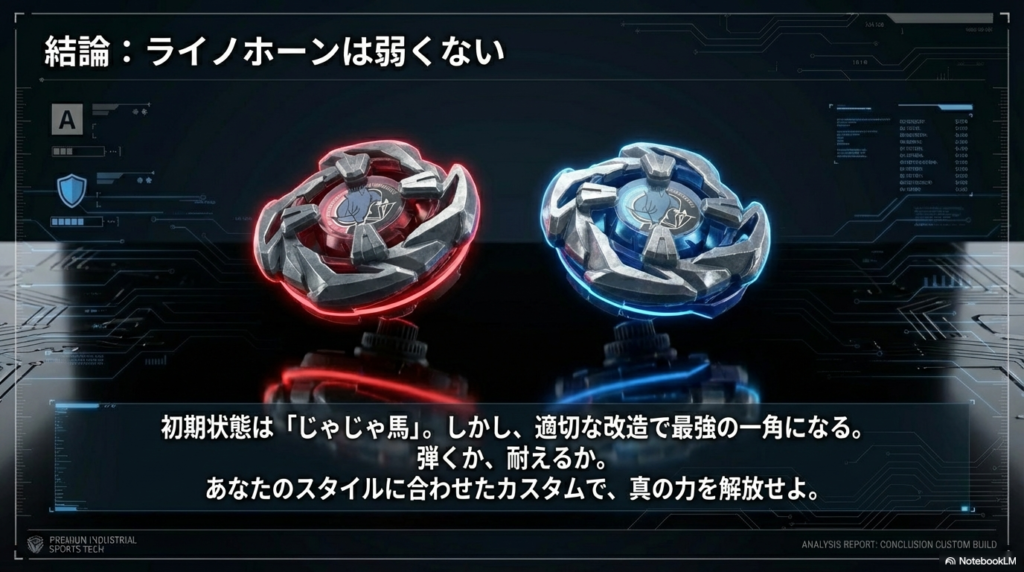 ライノホーンは買ったばかりの状態だと扱いが難しいものの、自分に合った適切な改造を施すことで強力なコマに生まれ変わるという結論をまとめています。