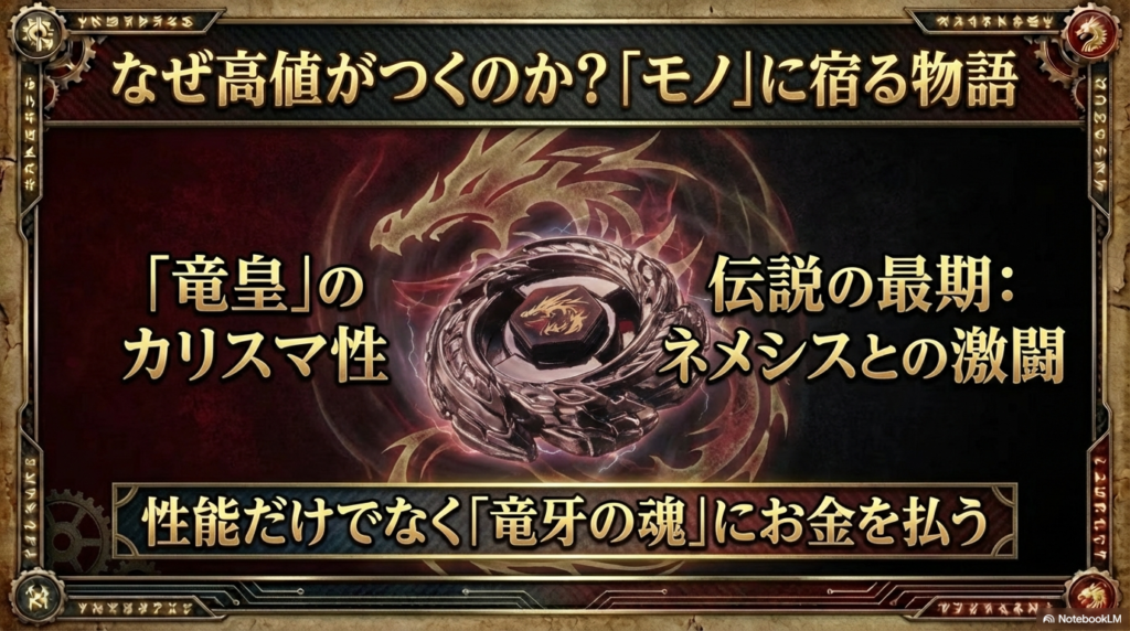 ライバルキャラクター竜牙のカリスマ性とネメシスとの激闘の物語が、ベイブレードの価値をどのように高めているかの解説です。