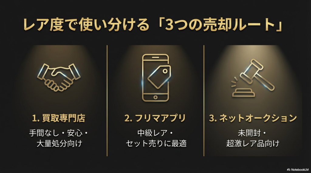 手持ちのベイブレードのレア度や量に合わせて、買取専門店、フリマアプリ、ネットオークションのどの売却ルートを選ぶのが最適かを分類したフローチャート図です。