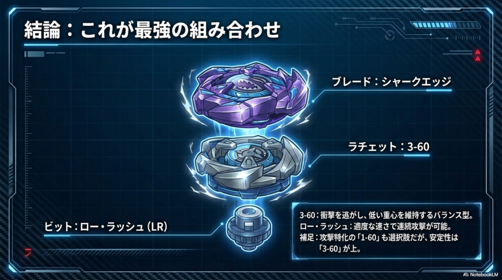 シャークエッジの能力を最大限に引き出す最強の組み合わせとして、「3-60」と「ロー・ラッシュ」のパーツをおすすめしています。 