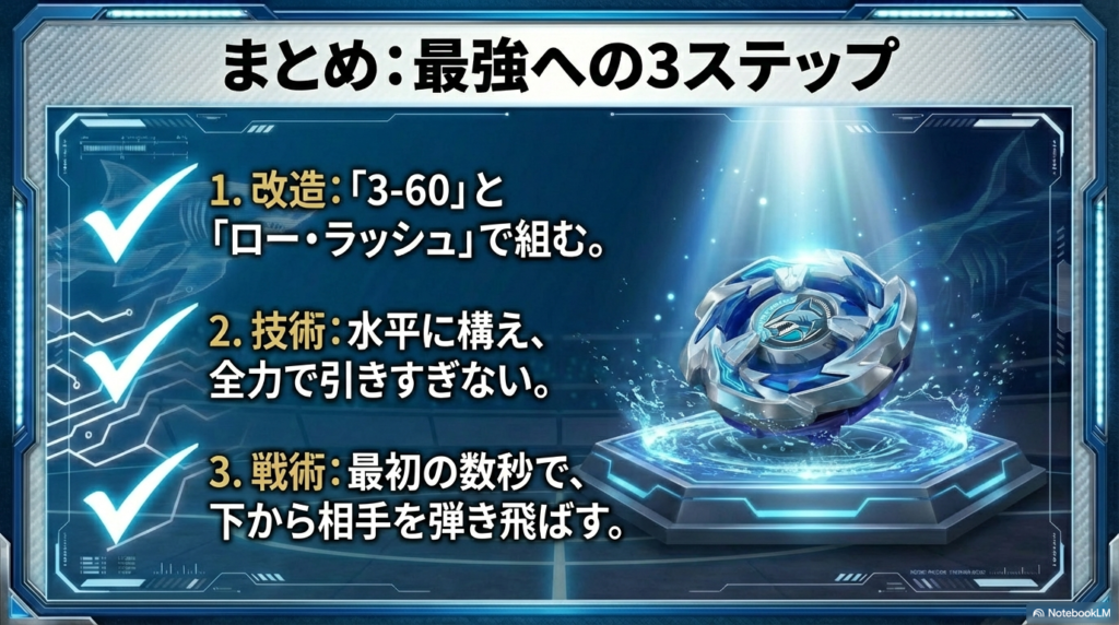これまで解説した部品の選び方、正しい打ち方、そして最初の数秒で勝負を決める戦術という3つの重要なポイントをまとめています。 