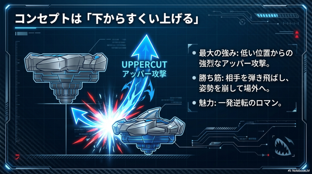シャークエッジの最大の強みである、低い位置から相手をすくい上げるような強烈な攻撃のイメージを図解しています。 