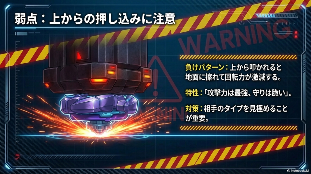 シャークエッジの弱点である、背の高い相手から上から叩きつけられると地面に擦れて回転力が落ちてしまう負けパターンを解説しています。