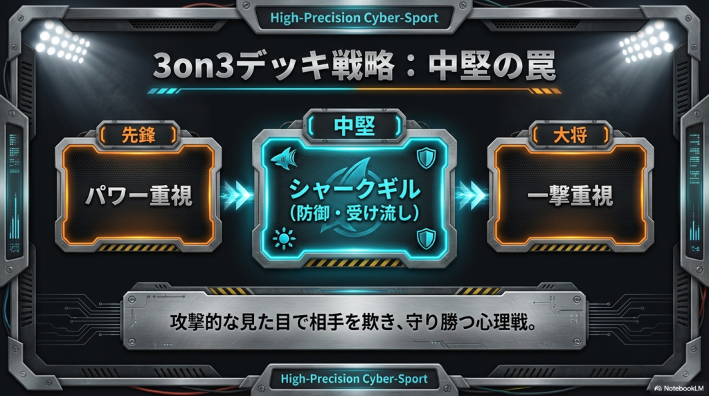 サメをモチーフにしたコマの性能比較 一撃必殺のシャークエッジ、重くて力強いシャークスケイル、そしてテクニックで戦うシャークギルのそれぞれの特徴を比較した図です。
