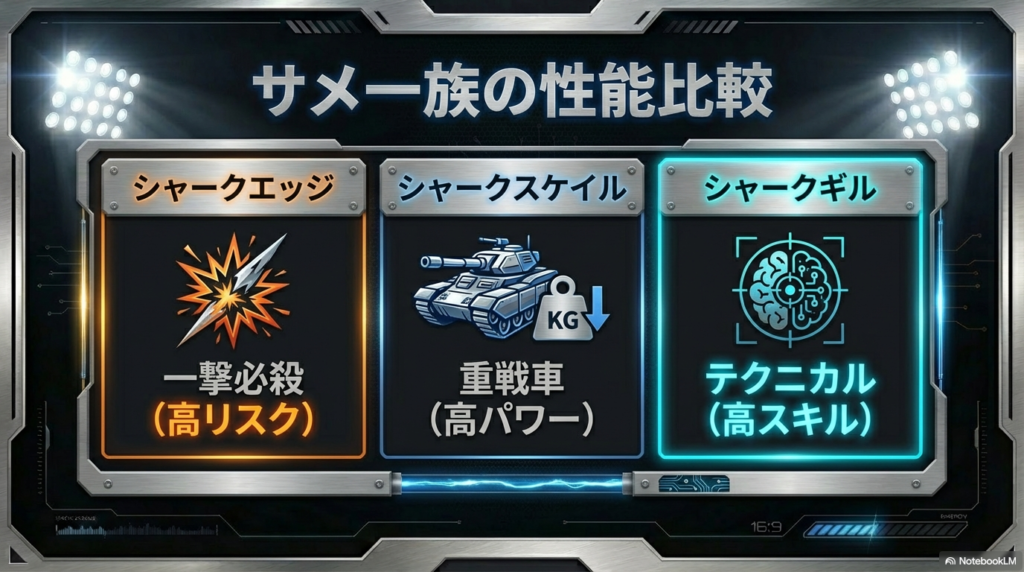 3つのコマを組み合わせる戦略 3回連続で戦う大会のルールを利用し、攻撃的な見た目のシャークギルを2番目に出して守りに徹することで相手を惑わす作戦の解説です。