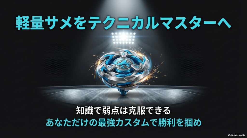 シャークギル最強カスタムのまとめ 弱点を正しく理解して工夫を凝らせば、軽いシャークギルでも大会で十分に活躍できるという前向きなメッセージを込めたまとめのスライドです。