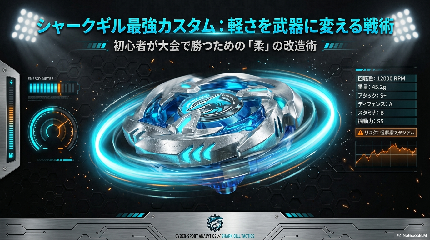 シャークギルの最強カスタムについて、軽さを武器に変える初心者に向けた戦術をまとめた表紙スライドです。