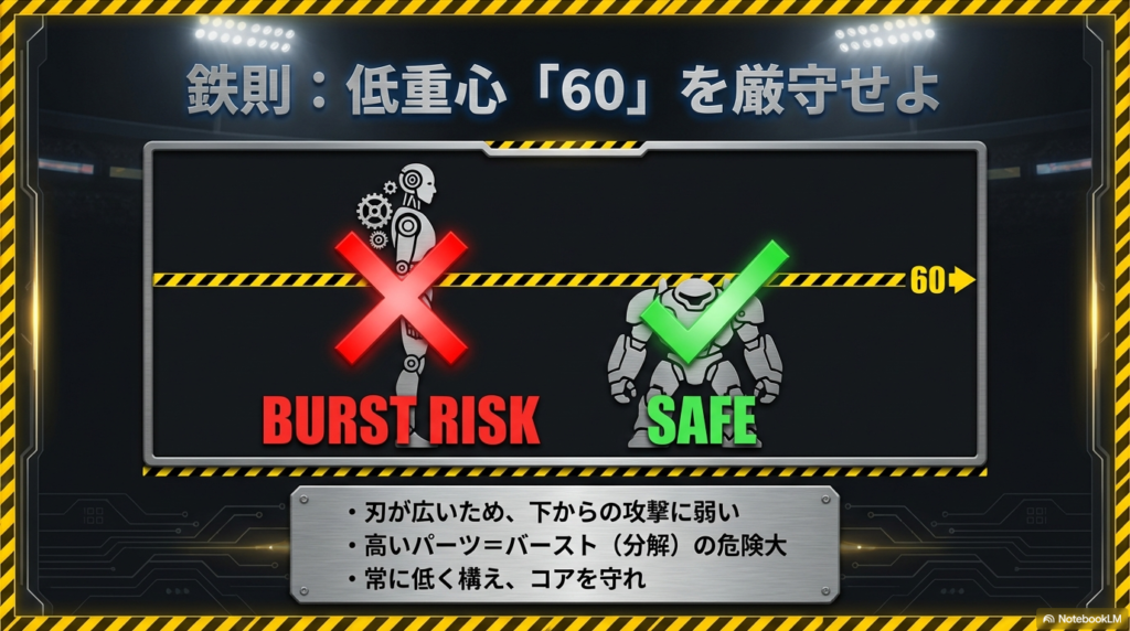 低さを守るための鉄則 コマがバラバラに分解される負け方を防ぐため、高さを決めるパーツには一番低い60のサイズを必ず選ぶべきだという鉄則をまとめたスライドです。