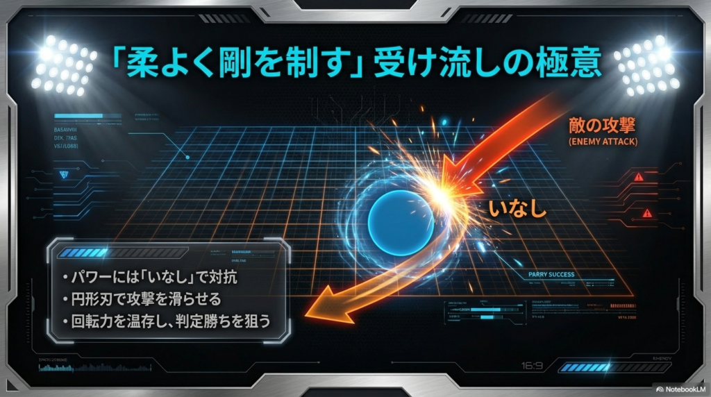 攻撃を受け流す戦術のイメージ 円形の刃を使って相手の攻撃を滑らせるように受け流し、自分の回転力を温存して勝つための戦い方を表したイメージ画像です。