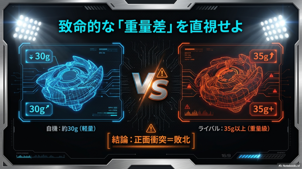 シャークギルの重量差と弱点 シャークギルが約30グラムと非常に軽いため、35グラムを超えるような重い相手と正面衝突すると負けやすいという重量差の現実を解説した図解です。
