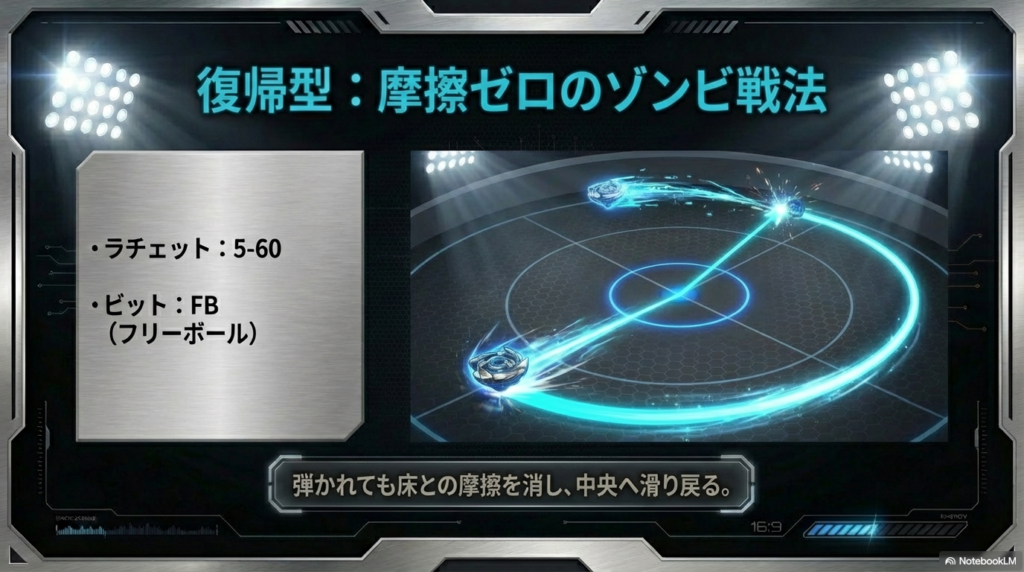 摩擦を減らす復帰型カスタム 5-60とフリーボールを組み合わせて床との引っ掛かりをなくし、外側に飛ばされても真ん中へ戻りやすくする戦い方を示した図解です。