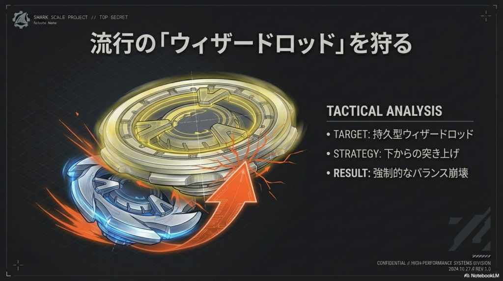 大会で流行している長く回るコマ、ウィザードロッドに対して、シャークスケイルが下から突き上げてバランスを崩し、倒す様子を描いた画像です。