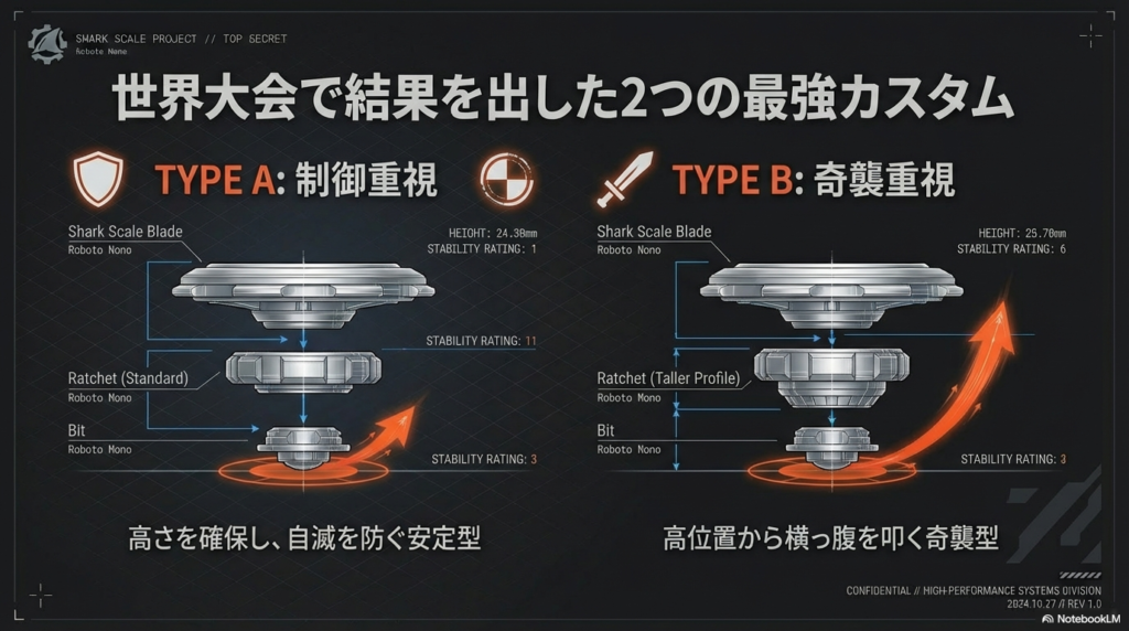 高さを出して自滅を防ぐ安定を重視した組み合わせと、少し高い位置から相手の横を直接叩く奇襲を重視した組み合わせの、2つの最強パターンを紹介した図です。