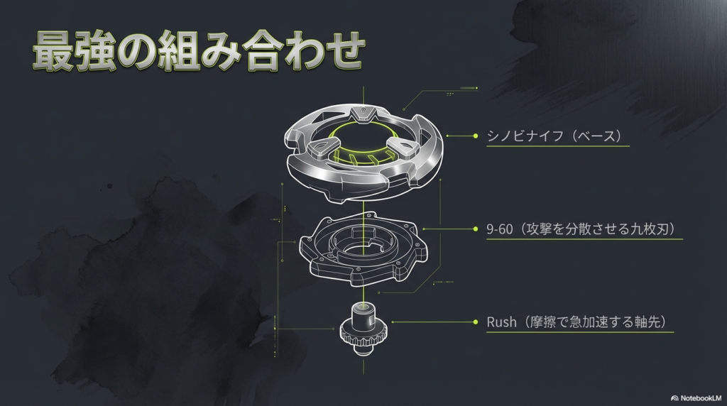 シノビナイフの本体に、相手の攻撃を分散させる9-60という部品と、急加速するRushという軸を組み合わせた、一番おすすめの改造例です。