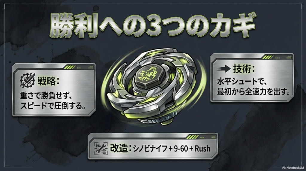 スピードで勝負する作戦、それに合わせた専用の改造、そして水平に打ち出す技術という、試合で勝つための3つの重要なポイントをまとめています。