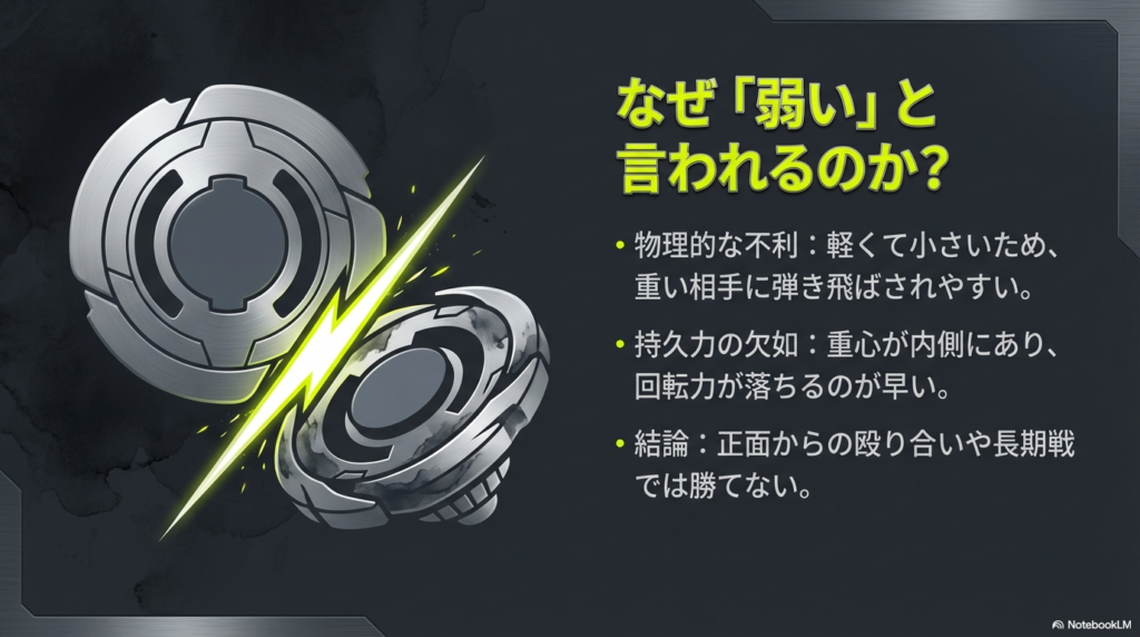 シノビナイフは軽くて小さいため重い相手に弾かれやすく、回り続ける力も落ちやすいため、正面からの力比べには向いていないという物理的な弱点を説明しています。