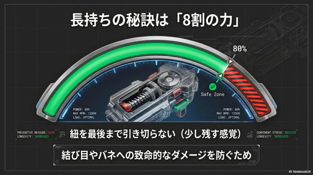 紐を最後まで引き切らずに8割程度の力でシュートすることで、結び目やバネへの致命的なダメージを防ぎ寿命を延ばすコツを解説しています。
