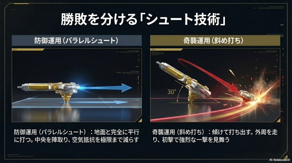 防御を重視してコマを地面と平行に回す打ち方と、奇襲を狙ってコマを30度ほど斜めに傾けて打ち出す2つのシュート技術を分かりやすく図解しています。
